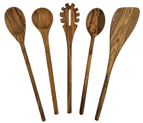 Kochbesteck Set „Luna Mix“ Olivenholz 5-teilig – Kochlöffel Set, Pfannenwender Holz – variable Länge Küchenhelfer – vielseitig & praktisch