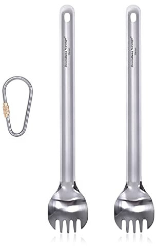 iBasingo Titanium Long Handle Spork Camping Soup Rice Snack Cutlery with Polished Bowl Ultralight Cutlery Outdoor Picnic Flatware Portable Travel Tableware Cooking Utensils with Hook 2 Pieces Ti1032T