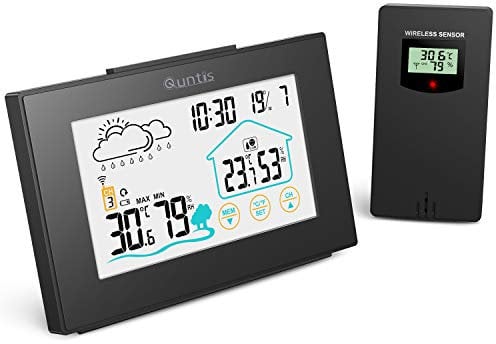 Quntis Stazione Meteo,5LED Sensore Ampio Termometro Igrometro Digitale,Allarme Orologio Meteo,Termometro Igrometro Wireless Interno Esterno con Funzione Snooze Display Ora Data Giorno-Nero