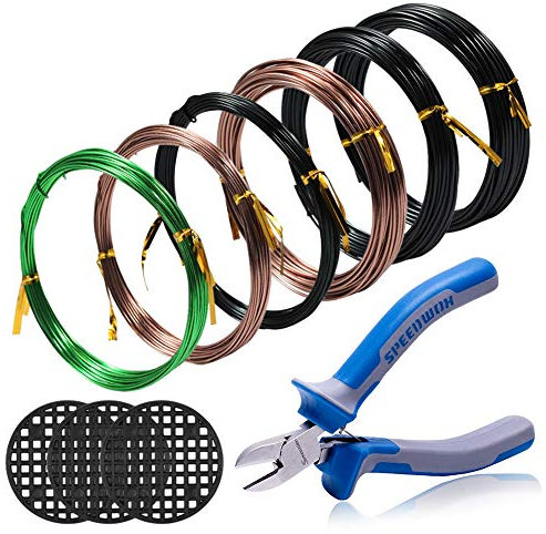 SPEEDWOX Baum-Drähte-Set 6 Rollen mit 3 Größen 1 mm 1,5 mm 2 mm Aluminiumdraht insgesamt 50 m CR-V Bonsai-Drahtschneider 3 Stück runde Blumentopf-Loch Netz-Pad Bonsai-Draht-Set Bonsai-Werkzeuge