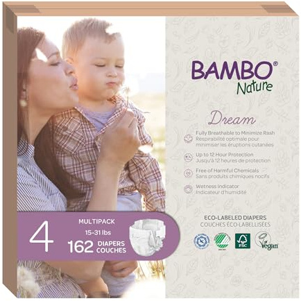 Bambo Nature Hypoallergenic Baby Diapers, Eco-Labelled Sustainable Diapers, Enhanced Leakage Protection, Totally Chlorine-free, Skin Friendly, and Super Absorbent - Size 4 (162 Count)
