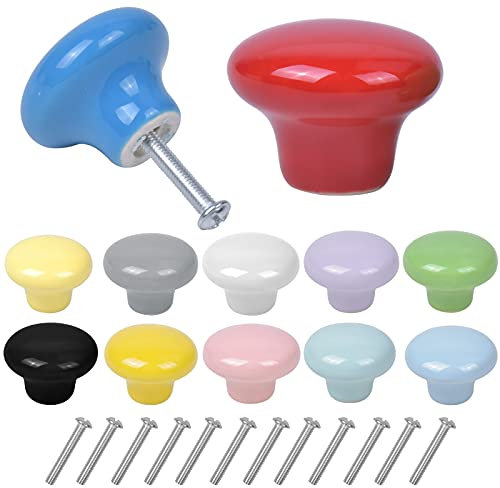 12 Stück Bunte Schrankknöpfe 32 MM Keramik Schrank Knöpfe Runde Schubladenknopf Türknäufe Möbelknöpfe Pilzform Schrank Knöpfe Knauf für Schublade Schrank Kommode Möbelknöpfe für Kinder Schalfzimmer