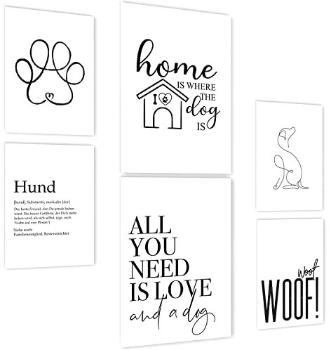 mojoliving Moderne Wandbilder Poster Set | Hund Bilder Collage Wanddeko Wohnzimmer | 2x A3 und 4x A4 Kunstdrucke | Wand Deko Schlafzimmer Fotowand