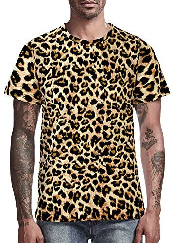 COSAVOROCK Men's Leopard Print Short Sleeve T-Shirts Brown M
