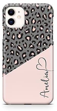 iCaseDesigner Personalised Animal Print Custom Name Phone Case Compatible with iPhone 11. 4. Leopard Print Pink Grey
