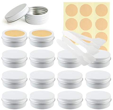 Lusdoly 100 Pièces Pots en Aluminium Blanc 15ml - Ø41x17mm Pot Cosmétique Bougie Aluminium Vides Pots de Voyage Rondes pour Crème avec Mini Spatule et Étiquette