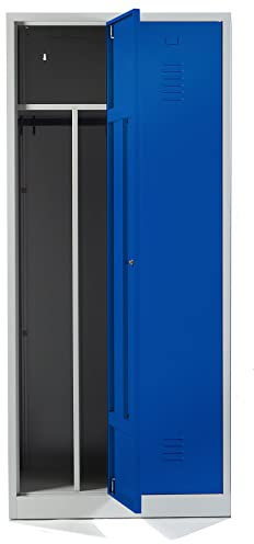 Schrank & Stuhl Spind – Metallspind mit 2 Abteilen, 180 x 80 x 50 cm, inkl. Hutboden, Trennwand und Drehriegelverschlüsse, Lieferung komplett montiert, Grau/Blau