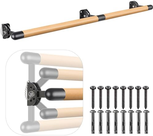 Kipika Système de Barre de Ballet Traditionnelle en Bois Massif à Fixation Murale, Barre d'étirement pour équipement de Danse à Domicile, Réglage de la Hauteur, 1,8 m Long, 3,8 cm diamètre