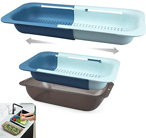 Komzon Set di colino per lavello con ciotola, cestino estensibile per lavare frutta e verdura, scolapasta regolabile in plastica retrattile per scolare la pasta, piatti