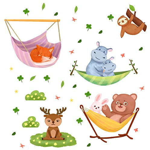 OLYCRAFT 2 Stück Tier PVC Wandaufkleber 390x900mm Waldtiere Hängematte Wandtattoo Kaninchen Bär Hirsch Fuchs Nilpferd Wanddekoration Für Wohnzimmer Schlafzimmer Dekoration DIY Wandkunst Wandbild