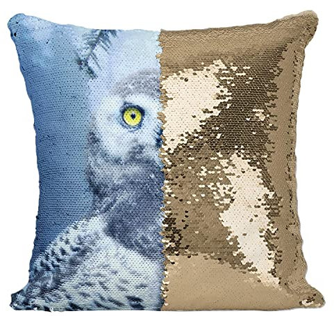 Fabulous Kissen mit Paillettenbezug Gold Baby Eule im Schnee Herrliche gelbe Augen Natur