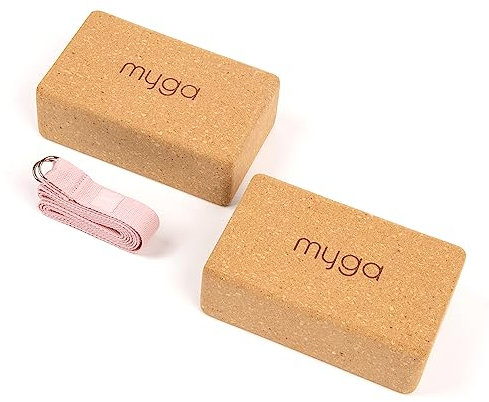 Myga Kork Yoga Zubehör Set | 2 Rutschfeste Kork Yoga Blöcke & Verstellbarer Yoga Gurt (Rosa) | Perfekt für Anfänger & Fortgeschrittene | Unterstützung bei Yoga & Pilates Übungen | Leicht & Tragbar