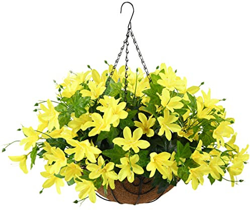 Homsunny Künstliche Blumen, Hängekorb für drinnen und draußen, künstliche Orchideen mit Kokosfutter, Hängekorb für Zuhause, Hof, Dekoration, 5 Zweige in 30,5 cm Korb (gelb)