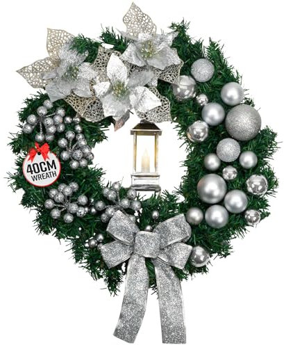 GloBrite 40cm Christmas Wreath with Bows, Baubles & Lantern - Christmas Wreaths for Front Door - Outdoor Christmas Decorations - Christmas Door Wreaths for Garden & Home Holiday Decor - Silver
