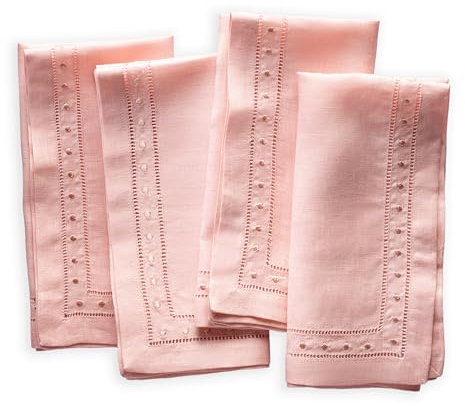 Lot de 4 serviettes de table en lin – Ourlet à jour avec pois brodés – Lavable en machine à partir de lin français – Rose poudré 45,7 x 45,7 cm