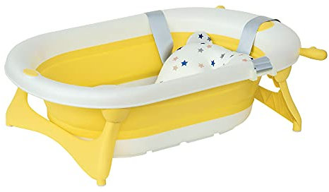 HOMCOM Vaschetta Bagnetto Pieghevole per Bambini 0-3 Anni con Indicatore di Temperatura e Cuscino, 81.5x50.5x23.5 cm, Giallo