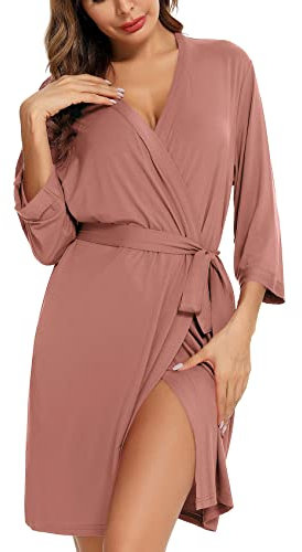 Samring Bademantel für Damen, Kimono, Bademantel, weicher Bambus, Nachtwäsche, kurzer Strick-Bademantel, Damen, Loungewear, S-XXL, Lotus Pink, Small