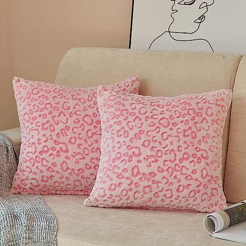 FY FIBER HOUSE Flanell-Kissenbezug mit Leopardenmuster, für Couch, Bett, Sofa, 40 x 40 cm, Pink, 2 Stück