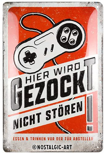 Nostalgic-Art Retro Blechschild, 20 x 30 cm, Hier wird gezockt – Geschenk-Idee für Gamer, aus Metall, Vintage Design mit Spruch, Blechschilder Sprüche