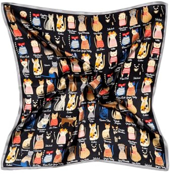 MayTree Seidentuch aus 100% Maulbeer-Seide - Quadratisch Katzen schwarz 53x53 - Luxuriöses Damen Halstuch - Eleganter Bandana-Schal für Damen - Luxus und Komfort für Erwachsene