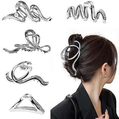 PEALOVCOM 5 Stück Große Haarklammern Silber Metall Haarspangen Damen Haarkrallen Clips Haarclips für Mädchen Haar-Accessoires Rutschfeste Klaue Clips für Dickes Dünnes Langes Haar