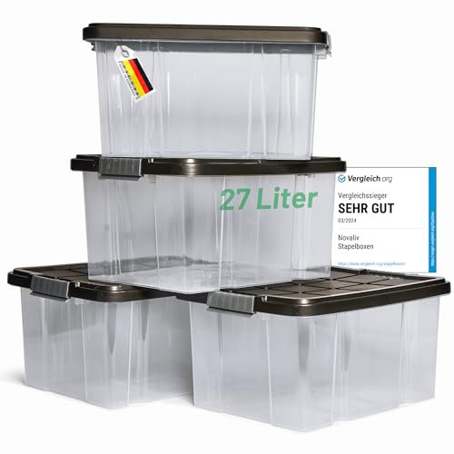 Novaliv 4x Aufbewahrungsboxen mit Deckel 27L Anthrazit Nestbar stapelbare Storage boxes mit Clipverschluss Kunststoffbox BPA-frei 46,5x36,5x24 cm