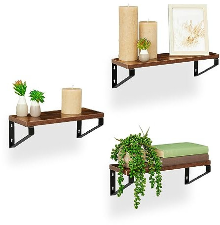 Relaxdays Wandregal 3er Set, Industrial Design, in versch. Größen, Regalbretter schwebend, MDF & Stahl, braun/schwarz, Faserplatte, 11 x 40 x 12,5 cm