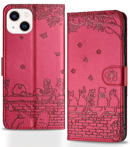Butnyeoe Coque pour iPhone 14 Rabat,Housse Pochette iPhone 14 Clapet,Portefeuille Etui avec Porte-Carte et Dragonne,Chats/Fleur PU Cuir/Antichoc Flip Folio Case.Rouge