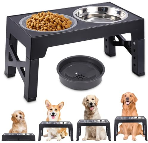 TIDEVAN Gamelles Surélevées Gamelles Pliables et Surélevées Porte Gamelles pour Chiens avec Gamelle Anti-Glouton et Gamelle Eau Anti-Éclaboussure Bols en Acier Inoxydable 4 Hauteurs RéGlables Noir