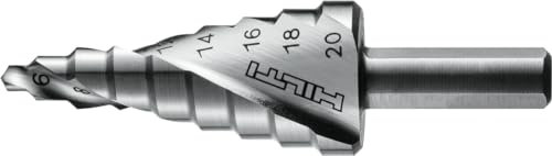 Hilti stepped drill bit 4-20/2 with 3-flat shank for faster drilling of holes in metal using a drill driver (diameter range: 4-20 mm,2312458)