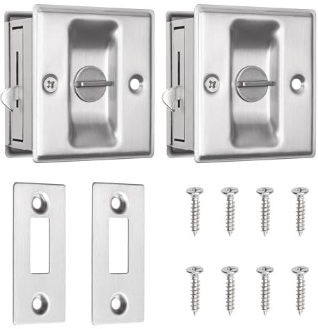 Eco-Fused Cerradura de puerta corredera de bolsillo - Tirador de puerta de privacidad niquelado cepillado con cerradura - Reversible - Compatible con la mayoría de las puertas - Agarre fácil