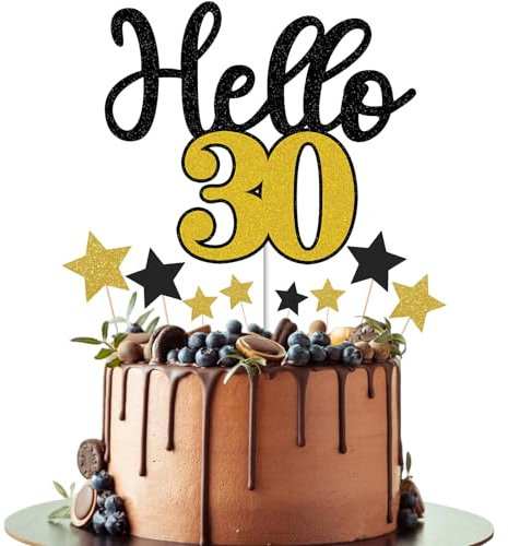 Gidobo Happy 30th Birthday Cake Toppers for Men Women, Hello 30 Black Gold Cake Decorations with Star Cupcake Toppers for 30th Birthday Party Cake Decorations