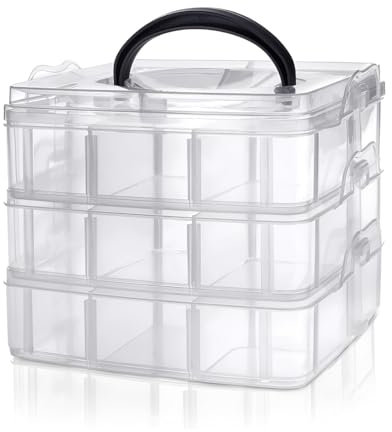 Daletu Caja de Almacenamiento, Caja con 18 Compartimento para Lego, Rompecabezas, Joyas, Costura, Pasatiempos Creativos, Tres Capas, 6 Compartimentos cada Capa, Transparente, Blanco