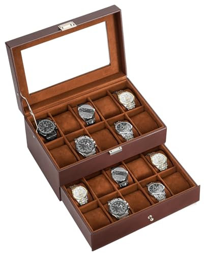 ProCase Uhrenbox mit 20 Fächern,Uhrenkasten mit Glasdeckel, 2 Ebenen Uhrenkoffer mit herausnehmbaren Uhrenkissen Uhrenschatulle, Vatertag Geschenk -Espresso