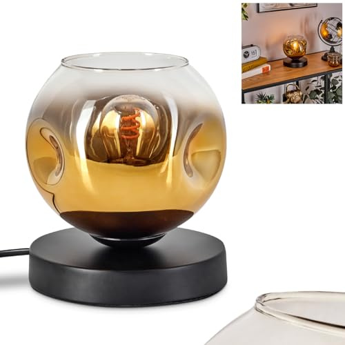 Lampe de table Ripoll, lampe de table en métal/verre en noir/or/transparent, lampe au design rétro moderne / vintage avec abat-jour en verre (diamètre 15 cm) et interrupteur marche/arrêt sur le câble,