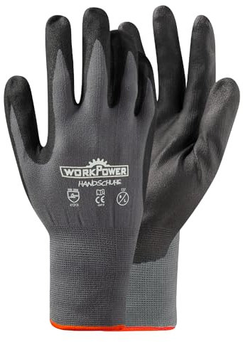 WORKPOWER– 6er Pack Arbeitshandschuhe Merkur für Herren – rutschfeste Handschuhe mit Nitrilbeschichtung – verfügbar in den Größen 8 (Grau/Schwarz)