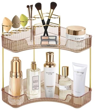 Cosmetic Display Cases Makeup Organizer: Corner Vanity Makeup Shelf Holder Multi-Function Bathroom Display box Cosmetic Storage Holder for Dresser ,Fits Cosmetics, Perfume, Skincare(2-Tier,Amber Gold)