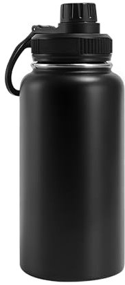 Botella de agua aislada de acero inoxidable de 12 a 40 onzas, taza térmica de boca ancha, botella de agua deportiva, doble pared al vacío y diseño a prueba de fugas, botella termo, con asa (negro, 12