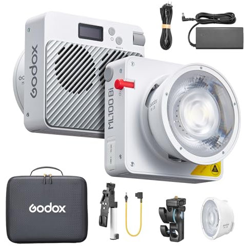 Godox ML100Bi Kit2 120 W Zweifarbige LED-Videoleuchte, 2800 K-6500 K, CRI97+, TLCI98+, APP-Steuerung, 11 Lichteffekte, Godox-Halterung mit 15° und 36° Linsenreflektor und V-Mount-Akku-Zubehör-Kit