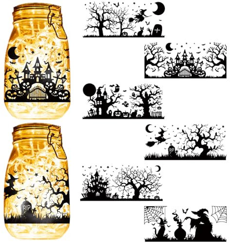 CREATCABIN 6 Stück Halloween Silhouetten Glasdekor Einmachglas Ausschnitte Hexenschloss Laternenglas Scrapbook Verzierung wasserdichte PVC Lampenfolien Für Glasgefäße DIY Bastelarbeiten 9x20cm
