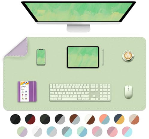 Dual Sided Desk Pad, Large Desk Mat, Waterproof Desk Blotter Protector Mouse Pad, PU Leather Desk Pad Large for Keyboard and Mouse -90cmx 43cm, Matcha+Purple