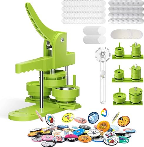 Buttonmaschine Button Maker Badge Machine 58+32+25mm Drücken Sie den DIY Button Press Machine KEYSAFER Pin Badge Making Kit mit 300 Kunststoff-Button-Teilen und Kreisschneidern für Party und Geschenke