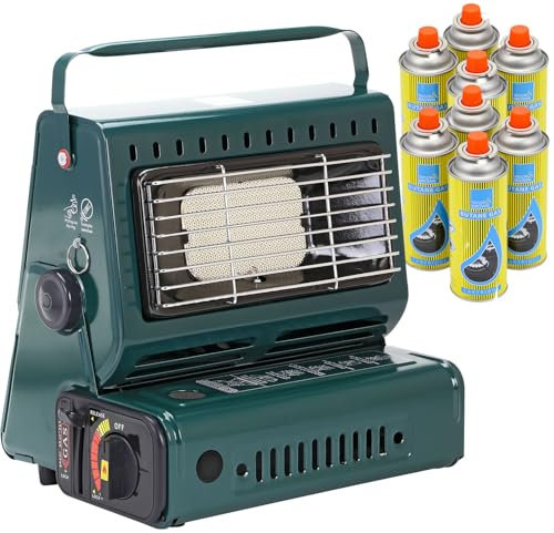 Taylor & Brown Portable Gas Heater + 8 Butane Gas Bottles Canisters - For Outdoor Camping, Hiking, Fishing, Caravan & Skiing Trips - Emergency, Safety Grill, Auto Ignition, Carry Handle & Temp Control