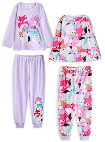 Squishmallows Mädchen Pyjama Set im 2er-Pack | Mehrfarbiges, langärmliges Oberteil mit Charaktergrafik für Kinder und Pyjamahose mit langem Bein | Kinder-Nachtwäsche mit Allover-Print