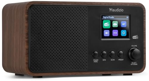 Audizio Avio DAB Digital Radio, Bluetooth Speaker, FM Tuner, DAB+, 20 Presets, Sleep Timer, Alarm Clock, USB, AUX, 2.4 Display, 30W, Wood Finish (Brown)
