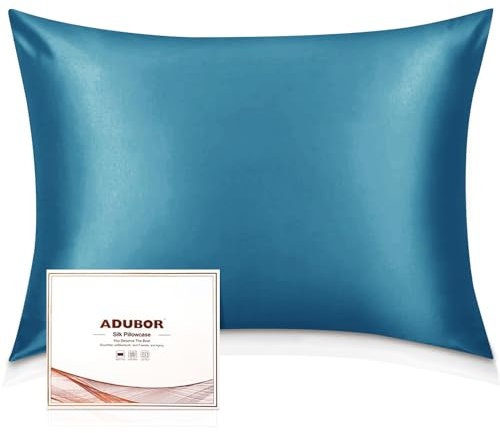 Adubor Seidenkissenbezug 40x80cm für Haar und Haut, mit verstecktem Reißverschluss, beide Seiten, 23 Momme Seide, Fadenzahl 900 (Pfauenblau, 2 Stück)