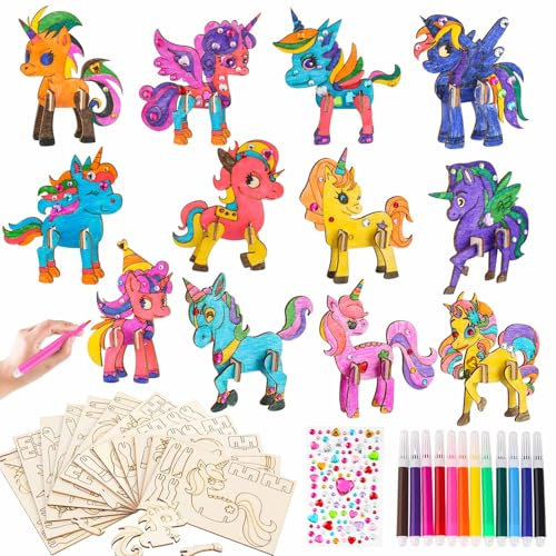kayqbonke Licornes en Bois, 12 Pièces Licorne Bricolage Peinture Kit, Licorne en Bois Loisir Créatif avec des Crayons Aquarelle et des Autocollants Diamant pour Bricolage Enfants Peinture Décoration
