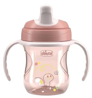 Chicco Training Cup, tasse d'apprentissage en plastique anti-goutte pour un enfant, pour apprendre à boire, bec ergonomique semi-doux, valve et poignées amovibles, 6+ mois, sans BPA, Rose
