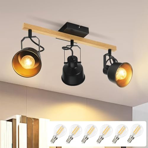 GBLY Deckenstrahler 3 Flammig Schwarz: Deckenlampe mit 6 Birnen Vintage Schwenkbar 350° MAX.25W E14 Fassung Industrial Holzmaserung Spotbalken für Wohnzimmer Schlafzimmer Büro