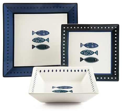 Excelsa Ocean Servizio Piatti Quadrati in Ceramica, 18 Pezzi, Motivo Pesci Blu